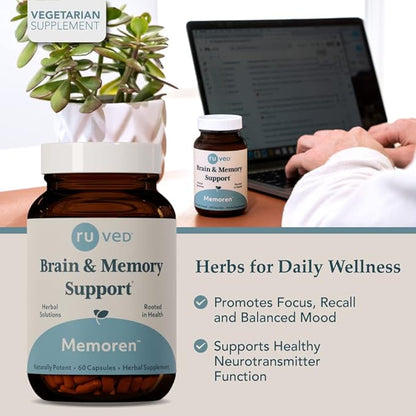 ruved Memoren, All-Natural Ayurvedic Focus and Memory Support with Ginkgo Biloba, Gotu Kola and Bacopa, Brain Health and Stress Care Supplement for Adults, 60 Vegetarian Capsules