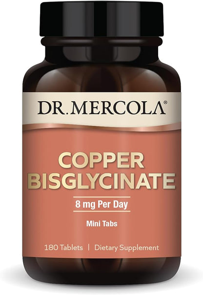 Dr. Mercola Copper Bisglycinate, 90 Servings (180 Tablets), Dietary Supplements, 8 mg Per Day, Mini Tabs, Supports Overall Health, Non GMO