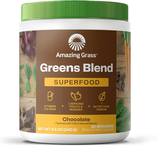 Amazing Grass Greens Superfood Powder: Greens Powder with Digestive Enzymes & Probiotics, Organic Spirulina, Chlorella, and Beet Root Powder, Chocolate, 30 Servings