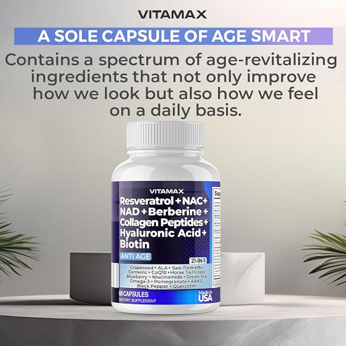 Vitamax Resveratrol NAD+ Berberine Hyaluronic Acid - Biotin Grape & Blueberry + NAC - Collagen Peptides - Hair, Nail, Skin & Joint Supplement - 21-in-1 Women and Men - Made in USA - 120 Count