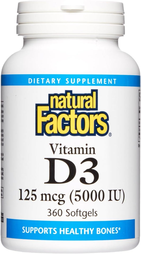 Natural Factors, Vitamin D3 5000 IU (125 mcg), Supports Strong Bones, Muscles and Immune Function, 360 Softgels