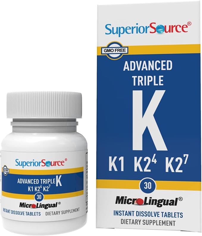 Superior Source Triple K, 3-in-1 Formula, MK-4 500 mcg, MK-7 50 mcg, K1 500 mcg, Quick Dissolve MicroLignual Tablets, 30 Count, Healthy Bones and Arteries, Immune & Cardiovascular Support, Non-GMO