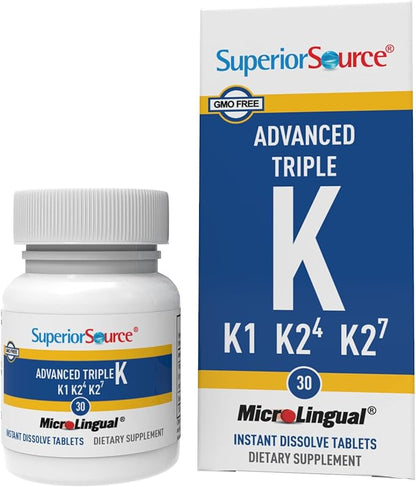 Superior Source Triple K, 3-in-1 Formula, MK-4 500 mcg, MK-7 50 mcg, K1 500 mcg, Quick Dissolve MicroLignual Tablets, 30 Count, Healthy Bones and Arteries, Immune & Cardiovascular Support, Non-GMO