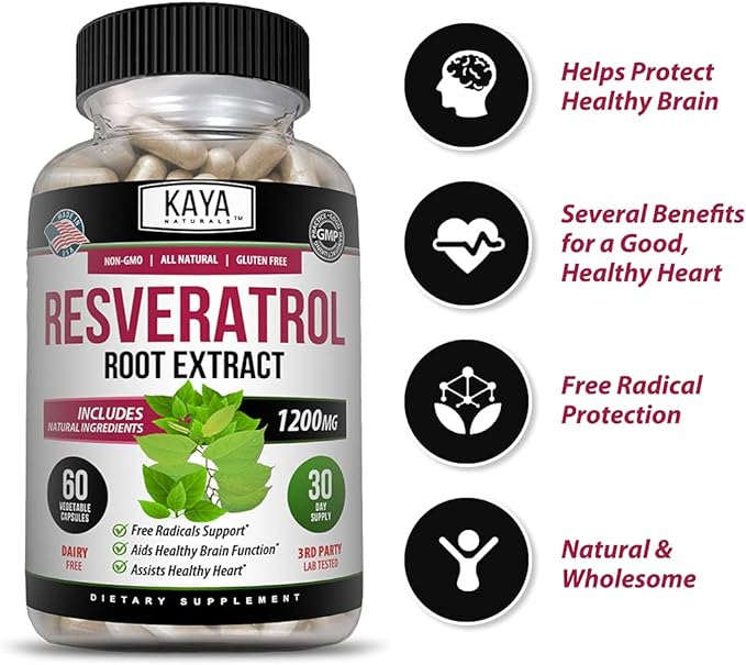 Kaya Naturals - Resveratrol Capsules - Anti Aging Supplement - Antioxidants with Brain Support - Maximum Benefits - 60 Veggies Capsules