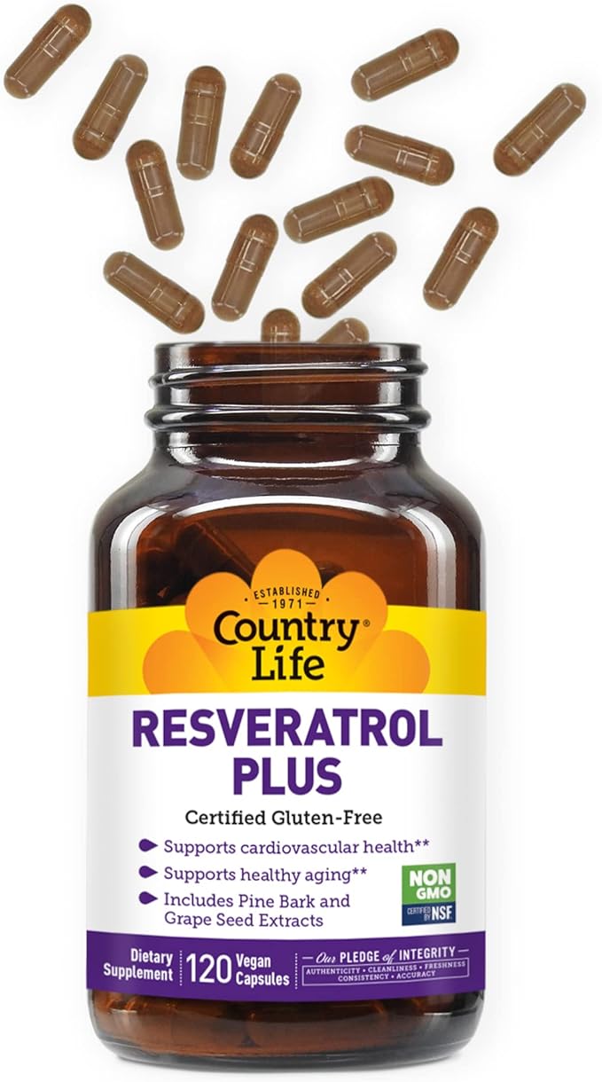 Country Life Resveratrol Plus, Supports Cardiovascular Health, 120 Vegan Capsules, Certified Gluten Free, Certified Vegan, Non-GMO Verified