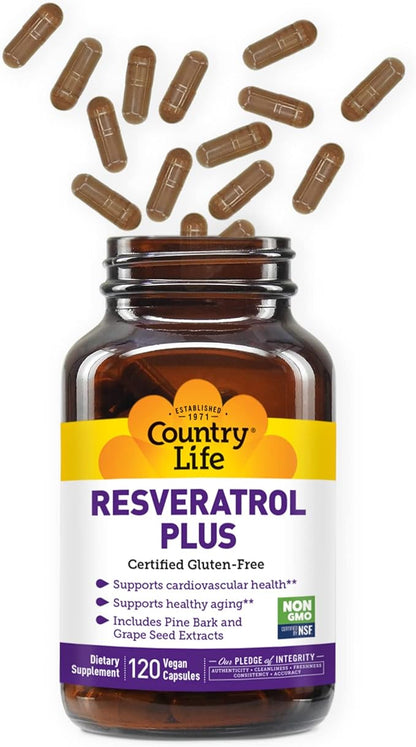 Country Life Resveratrol Plus, Supports Cardiovascular Health, 120 Vegan Capsules, Certified Gluten Free, Certified Vegan, Non-GMO Verified