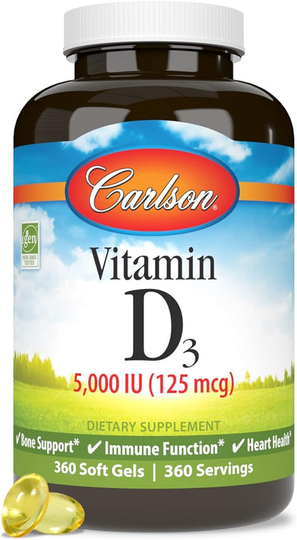 Carlson - Vitamin D3 5000 IU (125 mcg), Bone Health, Muscle Health, Cholecalciferol, Vitamin D Supplements, Vitamin D3 Soft Gels, 360 Softgels