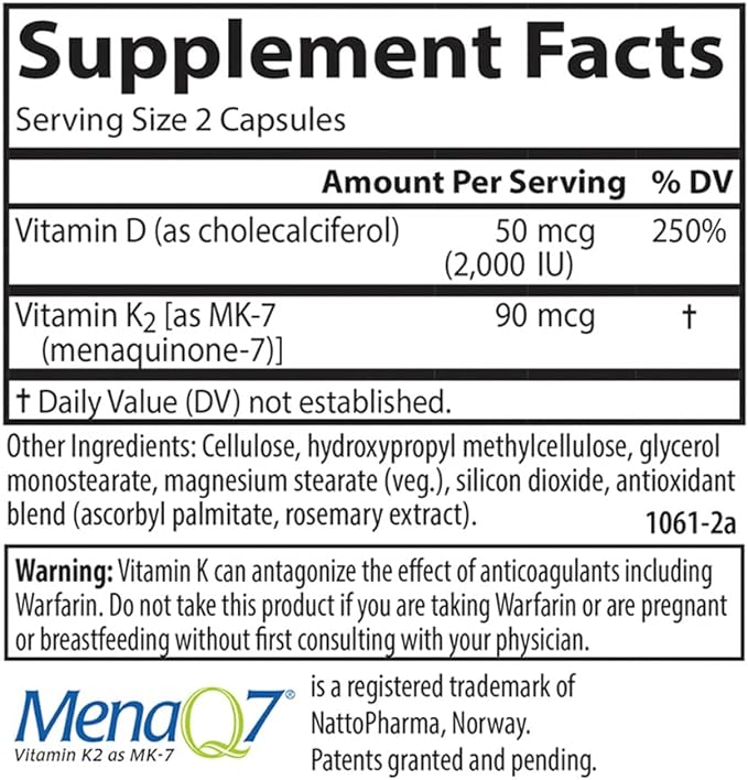 Carlson - Vitamin D3 + K2, 50 mcg (2000 IU) Vitamin D3 & 90 mcg Vitamin K2 as MK7, Bone Support, Calcium Absorption, 60 Capsules