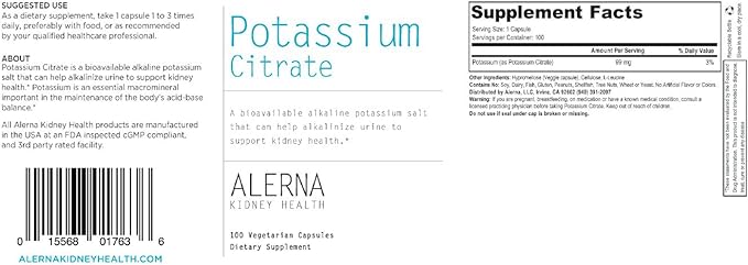 Potassium Citrate 99 mg - Supports Electrolyte Balance and Normal pH - Essential Mineral - 100 Vegetarian Capsules