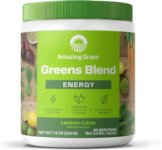 Amazing Grass Green Superfood Energy: Greens Powder with Plant Based Caffeine, Matcha Green Tea and Flax Seed, Nootropics Support, Lemon Lime, 30 Servings