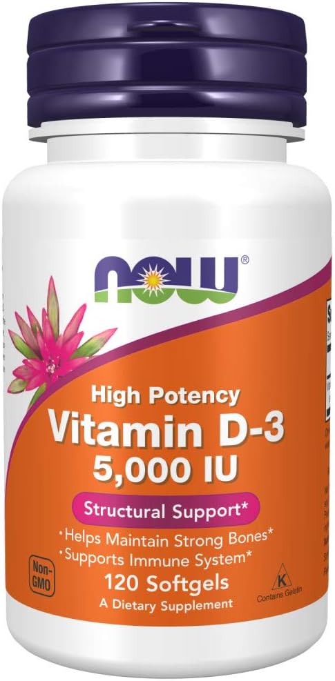 NOW Supplements, Vitamin D-3 5,000 IU, High Potency, Structural Support*, 120 Softgels