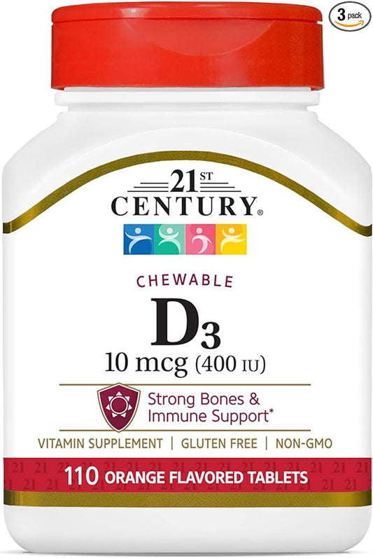 21st Century D3 400 IU Orange Chewable Tablets, Gluten Free, 110 Count (Pack of 3)