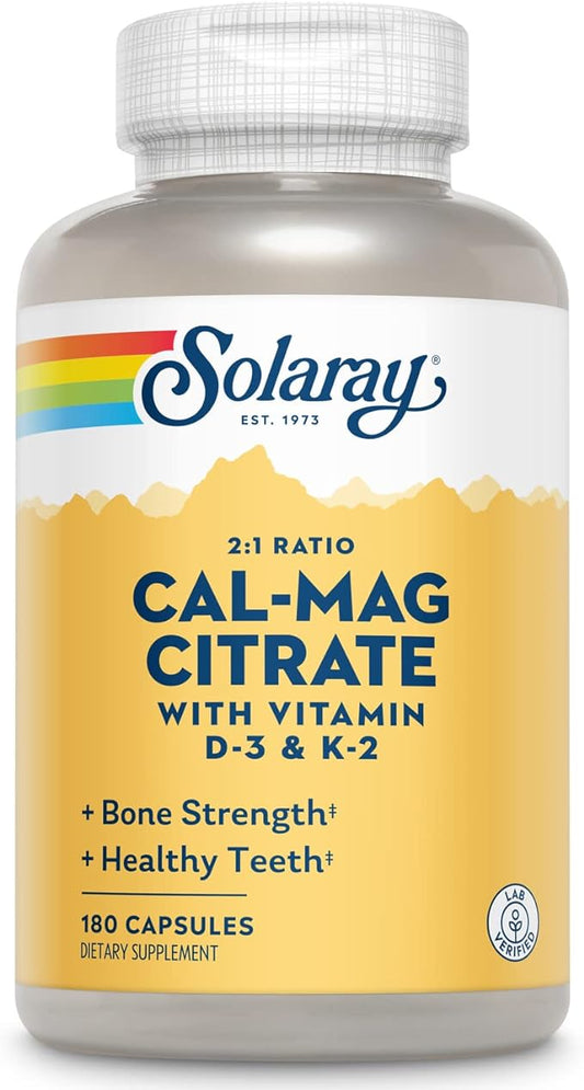 Solaray Cal-Mag Citrate 2:1 with D-3 & K-2 Capsules 180 Count