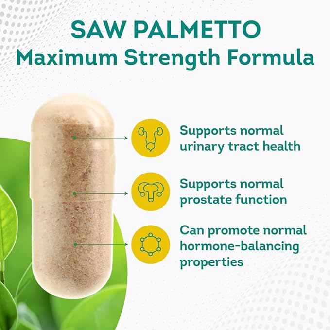 Premium Saw Palmetto 500 mg for Men & Women – Maximum Strength Saw Palmetto Extract & Powder Capsules Supplement - Support Normal Urinary Tract, Prostate Health & Hair - 3 Months Supply - 100 Tablets