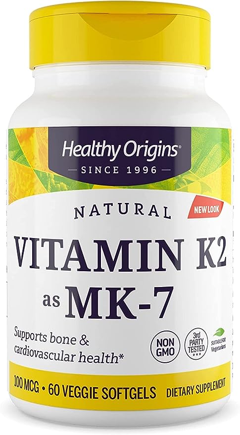 Healthy Origins Vitamin K2 as MK-7, 100 mcg - K2 Vitamins for Heart Health, Bone Health & Calcium Metabolism - Gluten-Free Supplements - 60 Veggie Softgels