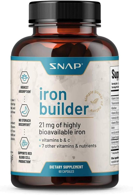 Natural Blood Builder Iron Supplements, 21mg Iron Pills to Increase Energy, Metabolism & Digestion, Absorbs Quickly Vitamins Organic Nutrients (60 Capsules)