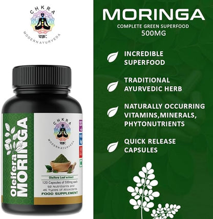 Organic Moringa Capsules | 120 Capsules | Non-GMO and Gluten Free Supplement | Complete Green Superfood | 100% Pure Leaf Powder | Energy, Metabolism and Immune Support