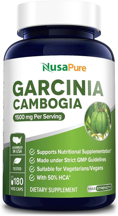 NusaPure Garcinia Cambogia 180 Veggie Caps 1500mg (Vegetarian, Non-GMO, Gluten Free)