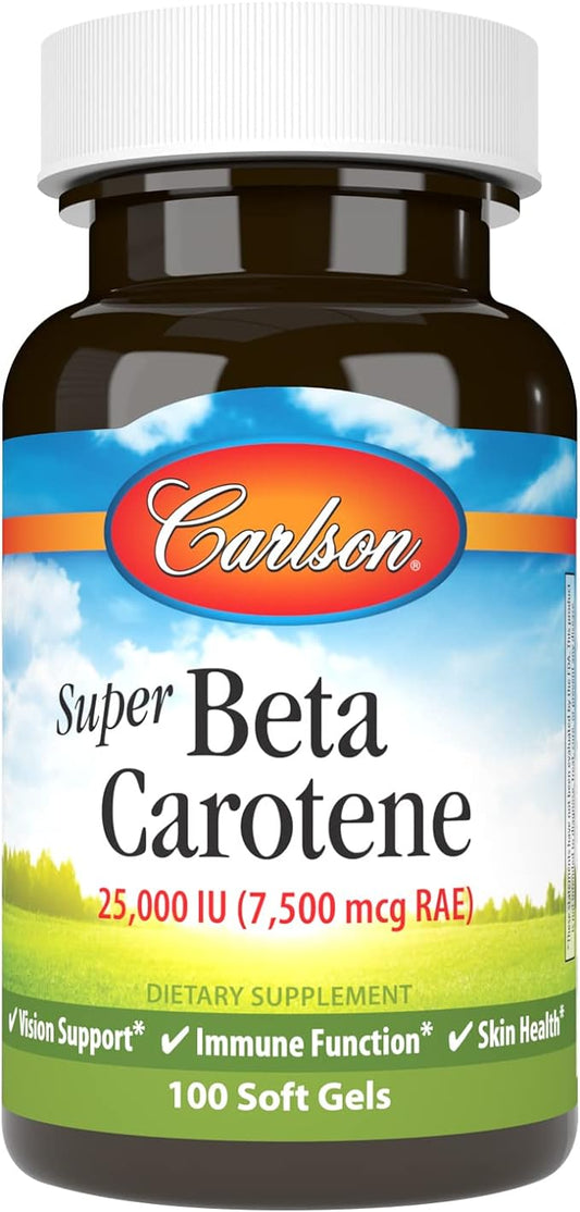 Carlson - Super Beta Carotene, 25000 IU (15 mg), Vitamin A as Beta Carotene, Bioavailable and Bioactive Form, Vision Health, Healthy Skin, 100 Softgels