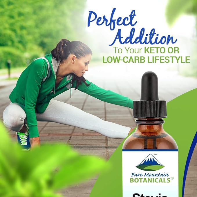 Pure Mountain Botanicals Liquid Stevia Drops - Natural Sweetener - Concentrated Sugar Free Substitute Diabetic Friendly Ideal for Keto Low Carb and Vegan Diet Great Addition to Weight Loss Program