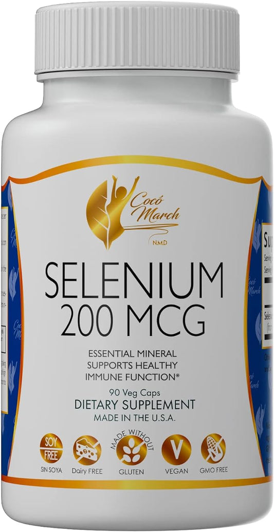 Coco March Selenium - Essential Mineral for Thyroid Health -200 mcg- 3 Month Supply -Gluten Free, Soy Free, Dairy Free, GMO Free, Vegan - 90 Capsules