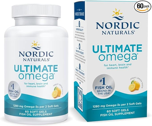 Nordic Naturals Ultimate Omega, Lemon Flavor - 60 Soft Gels - 1280 mg Omega-3 - High-Potency Omega-3 Fish Oil Supplement with EPA & DHA - Promotes Brain & Heart Health - Non-GMO - 30 Servings