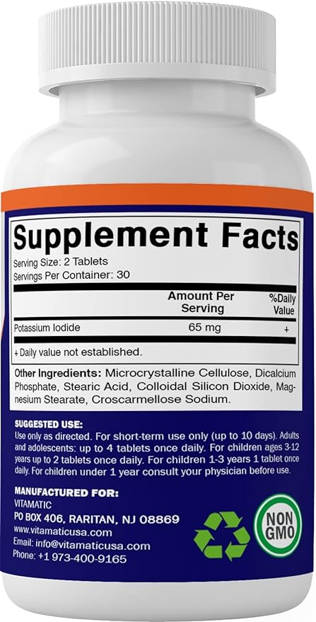 Vitamatic Potassium Iodide 65 mg per Serving - 60 Tablets - Thyroid Support - KI Pills (60 Count (Pack of 3))