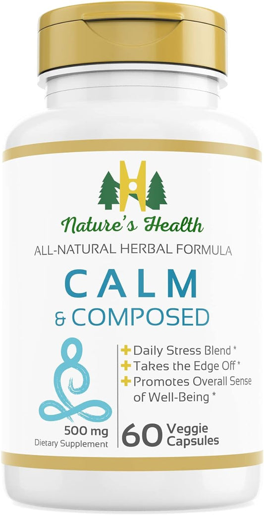 Nature's Health Calm and Composed – Valerian Root and Passion Flower Formula – Daily Stress Relief – Relaxation Supplement – 1000 mg per Serving – 60 Vegetarian Capsules