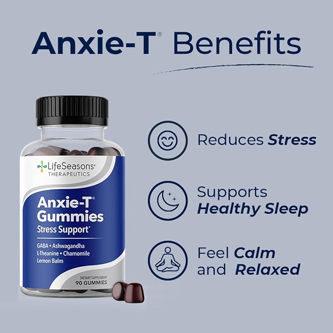 Anxie-T - Stress Relief Gummy - Vitamin Supplement for Mood & Mental Focus Support - Feel Calm and Relaxed - Rapidly Eases Tension - Ashwagandha, GABA & L-Theanine - 90 Gummies