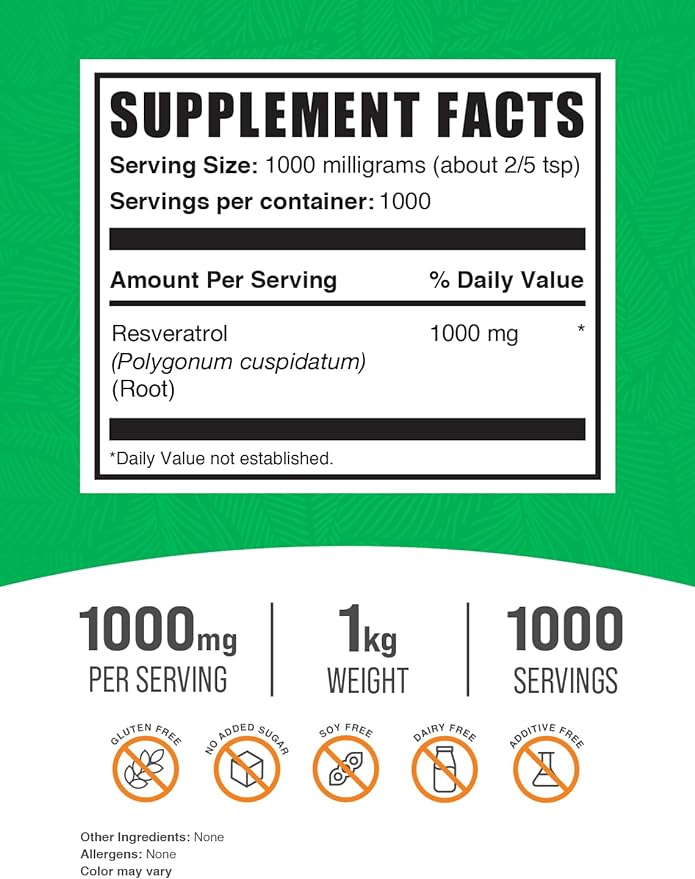 BulkSupplements.com Resveratrol Powder - Resveratrol Supplement, Polygonum Cuspidatum, Resveratrol 1000mg - Antioxidant & Gluten Free, 1000mg per Serving, 1kg (2.2 lbs) (Pack of 1)