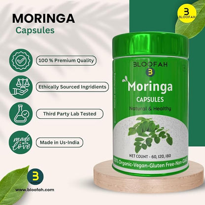 Moringa Oleifera Capsules 500mg - 60 Count |100% Pure Leaf Powder - 1 Month Supply | Nutrient-Rich Vegetarian Green Superfood, Natural & Healthy, Non GMO & Gluten Free Formula