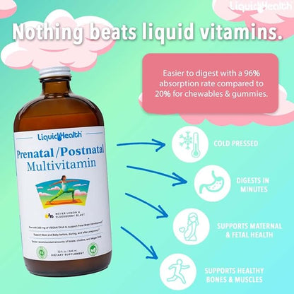 LIQUIDHEALTH Prenatal/Postnatal Multiple Liquid Women's Multivitamin with Real Folate - Pre & Postnatal Vitamins for Before, During, After Pregnancy - Vegan, Sugar-Free, Non GMO, Great Taste (2 Pack)