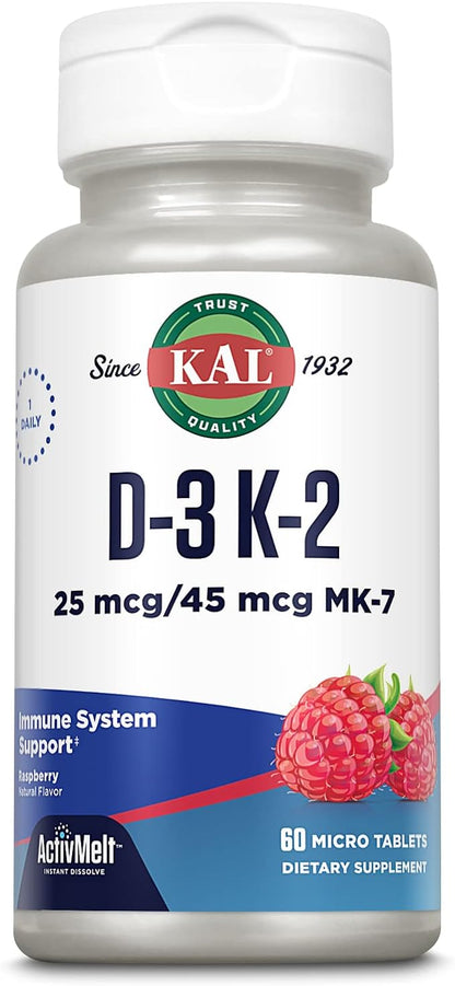 Kal 1000 Iu D-3 & K2 Tablets, Raspberry, 60 Count (Pack of 1)