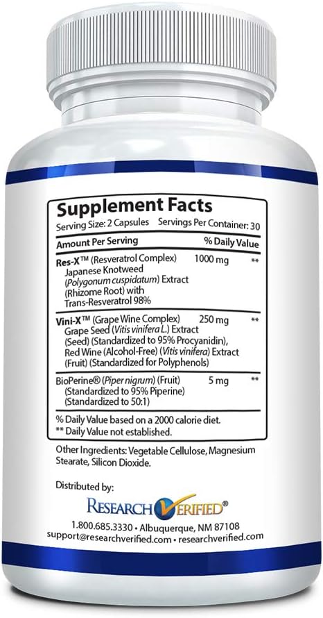 Research Verified Resveratrol - 98% Trans-Resveratrol 1000 mg, Anti-Aging Support - 1 Bottle - 60 Capsules