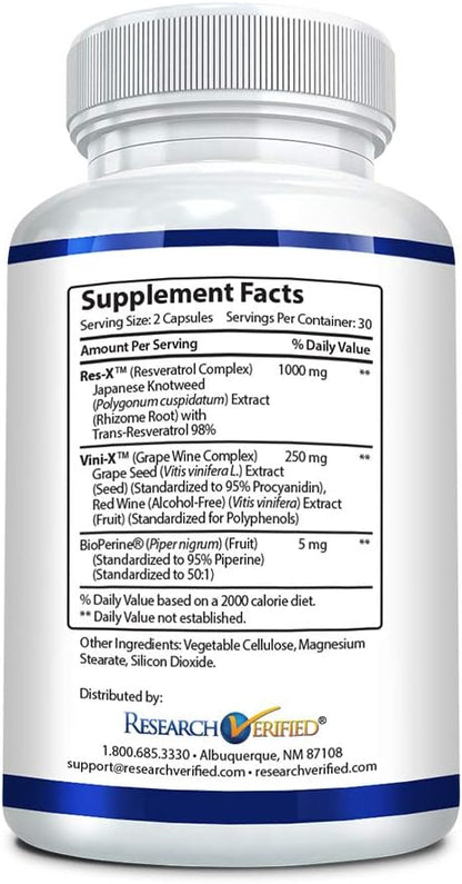 Research Verified Resveratrol - 98% Trans-Resveratrol 1000 mg, Anti-Aging Support - 1 Bottle - 60 Capsules