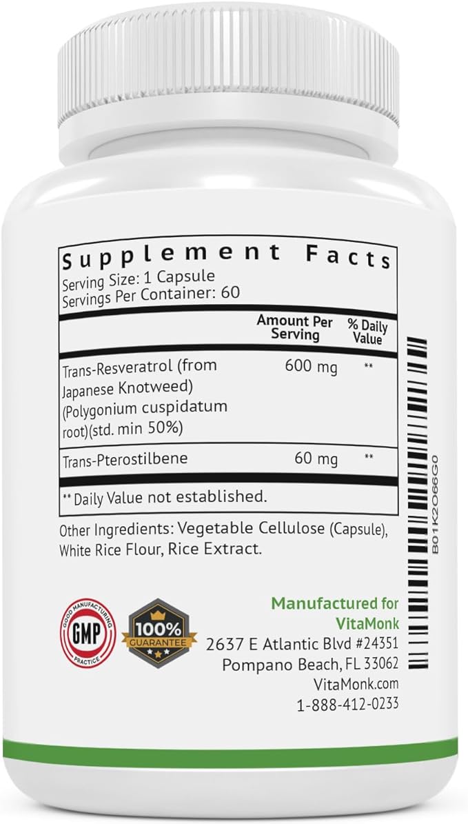 VitaMonk Resveratrol with Pterostilbene 600mg/60mg - No Artificial Fillers Healthy Aging and Longevity Supplement - 60 Capsules - Precise Formula with Trans Pterostilbene Resveratrol Supplements