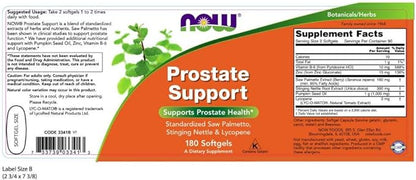 NOW Supplements, Prostate Support, Prostate Support, with Standardized Saw Palmetto, Stinging Nettle & Lycopene, 180 Softgels