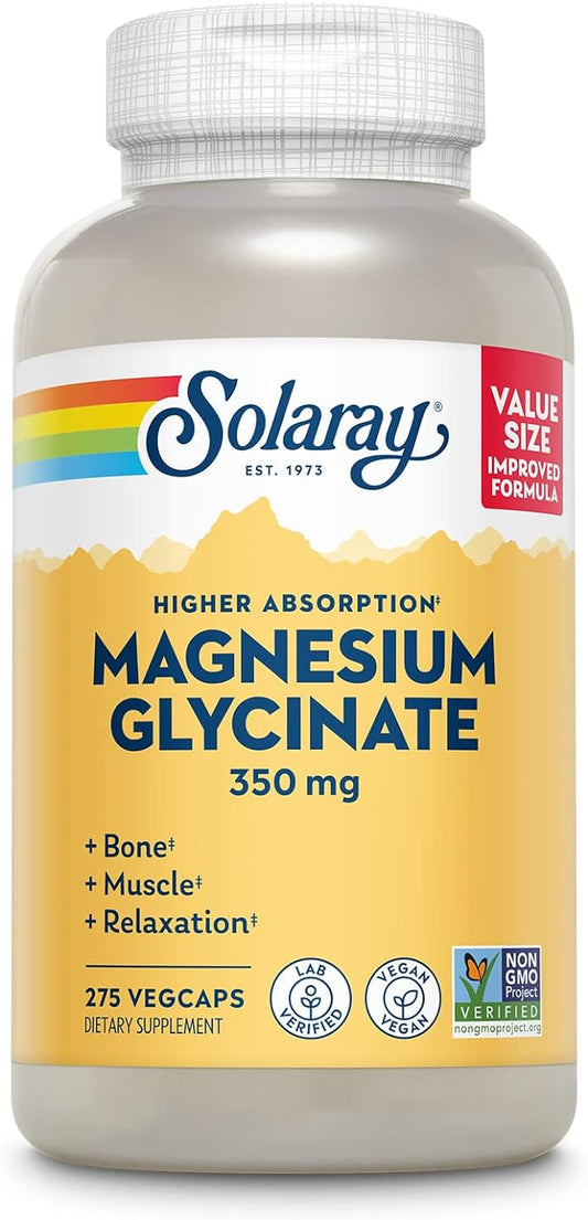 Solaray Magnesium Glycinate, New & Improved Fully Chelated Bisglycinate with BioPerine, High Absorption Formula, Stress, Bones, Muscle & Relaxation Support, 60 Day Guarantee, 68 Servings, 275 VegCaps