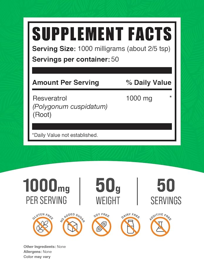 BulkSupplements.com Resveratrol Powder - Resveratrol Supplement, Polygonum Cuspidatum, Resveratrol 1000mg - Antioxidant & Gluten Free, 1000mg per Serving, 50g (1.8 oz) (Pack of 1)