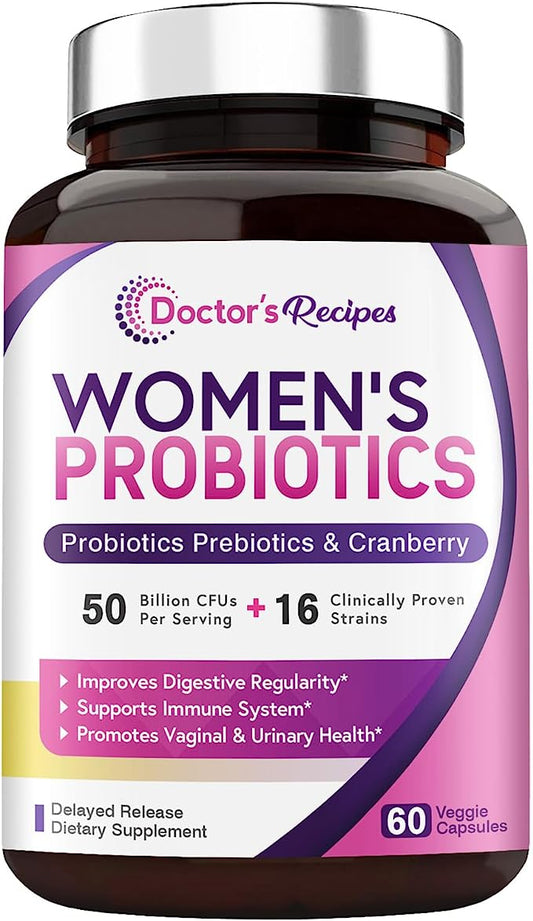 Doctor's Recipes Women’s Probiotic, 60 Caps 50 Billion CFU 16 Strains, with Organic Cranberry, Digestive Immune Vaginal & Urinary Health, Shelf Stable, Delayed Release, No Soy Gluten Dairy