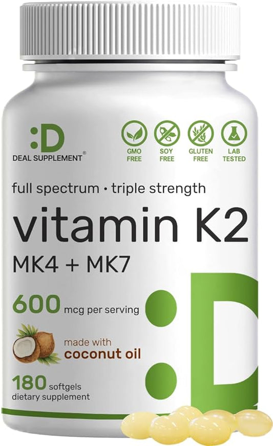 Vitamin K2 Supplement 600mcg, 180 Virgin Coconut Oil Softgels (6 Month Supply) – Full Spectrum MK-7 & MK-4 Forms, High Absorption, Triple Strength K Vitamins – Bone, Joint, & Immune Support – Non-GMO