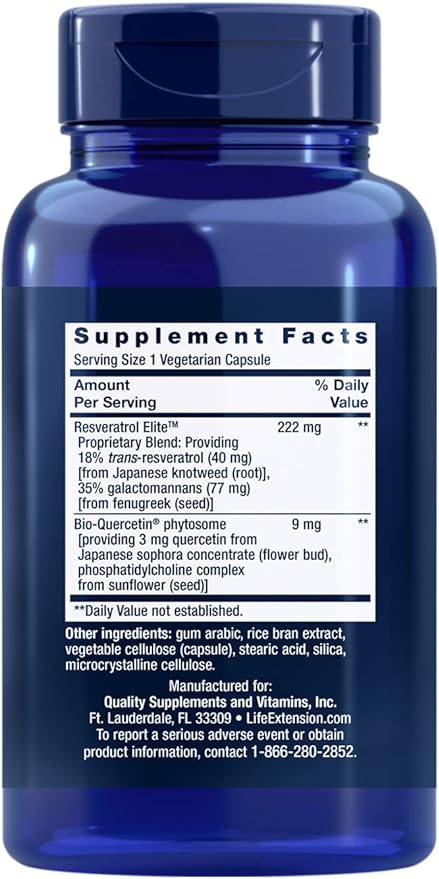 Life Extension Optimized Resveratrol Elite - Highly Bioavailable Trans Resveratrol Supplement - From Grape & Japanese Knotweed - For Brain Health - Gluten-Free, Non-GMO - 60 Vegetarian Capsules