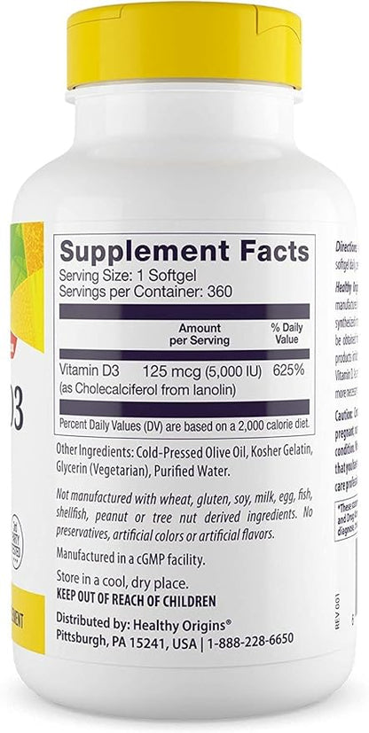 Healthy Origins Vitamin D3 (Lanolin) 5,000 IU - Bone Health and Immune Support Supplement - Easily Absorbable Vitamin D Supplements - Gluten-Free Vitamin D3 Supplement - 360 Softgels