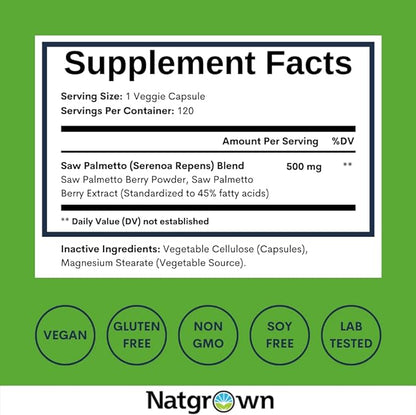 Natgrown Saw Palmetto Prostate Supplement for Men - DHT Blocker for Hair Growth and Decrease Frequent Urination - Vegan Capsules (120 Ct)