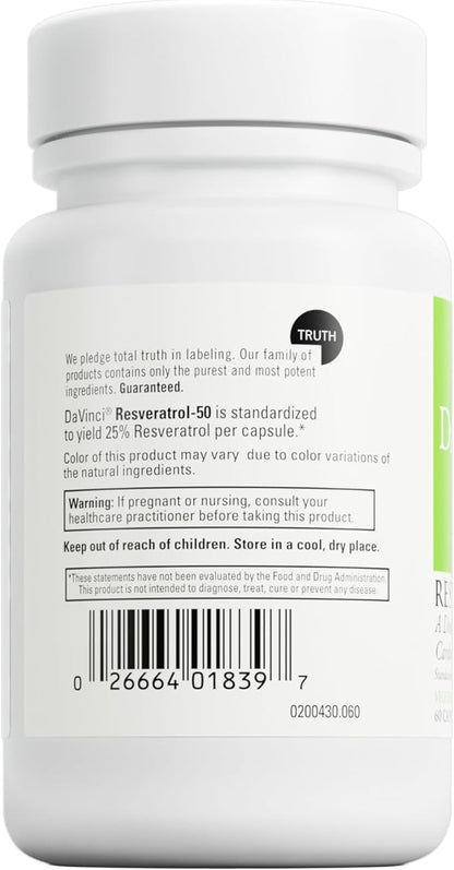 DAVINCI Labs Resveratrol-50 - Helps Support Immune System, Bone Health & Heart Health with Resveratrol* - Gluten-Free & Vegetarian - 60 Capsules