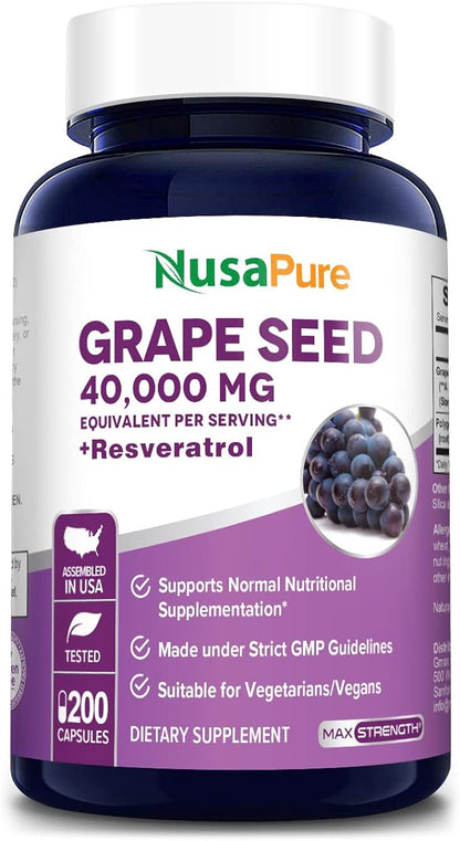 NusaPure Grape Seed Extract 40,000mg per Caps, 200 Vegan Capsules, Standardized, Non-GMO, Gluten Free, Resveratrol