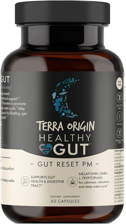 TERRA ORIGIN Healthy Gut Reset PM | 60 Veggie Caps | Supports Gut Health and Relaxation + Sleep-Wake Cycle | L-Glutamine, Licorice Root, Slippery Elm Root, Melatonin and More!