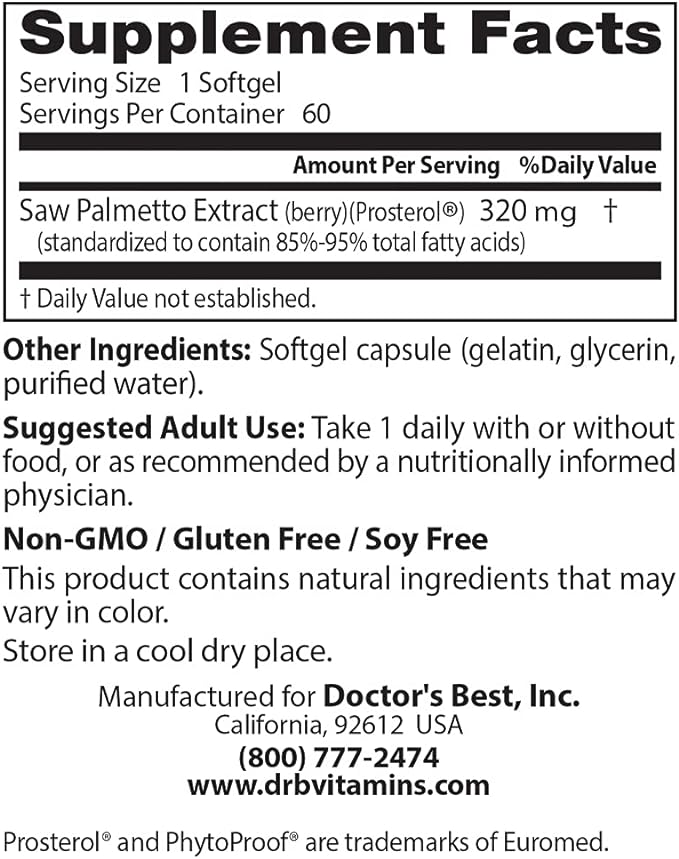 Doctor's Best Best Saw Palmetto Extract (320 mg), Softgel Capsules, 60-Count