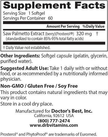 Doctor's Best Best Saw Palmetto Extract (320 mg), Softgel Capsules, 60-Count