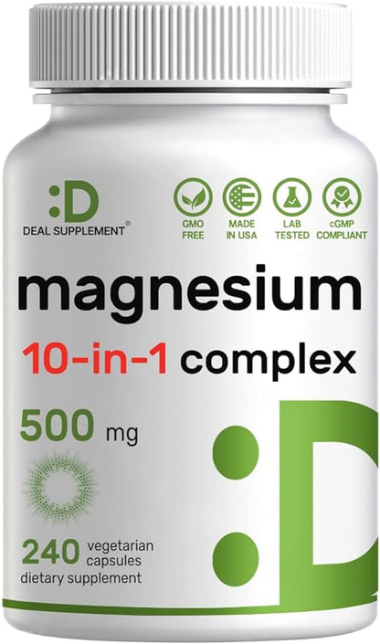 Magnesium Complex Supplement – 10 in 1 – Glycinate, Citrate, Malate, & More – High Bioavailable Chelated Minerals – Veggie Capsules